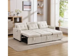 Sofá|Merax Sofá-cama moderno de 3 lugares com função de cama - 200 x 87 x 84,5 cm - Encosto reclinável a 180° - Tecido - Bege