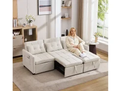 Sofá|Merax Sofá-cama moderno de 3 lugares com função de cama - 200 x 87 x 84,5 cm - Encosto reclinável a 180° - Tecido - Bege