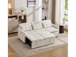 Sofá|Merax Sofá-cama moderno de 3 lugares com função de cama - 200 x 87 x 84,5 cm - Encosto reclinável a 180° - Tecido - Bege