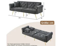 Sale Merax Sofá-cama moderno de 2 lugares – 173 x 75 x 70 cm – encosto ajustável em 3 níveis + pernas de metal dourado – veludo – cinza Cinzento