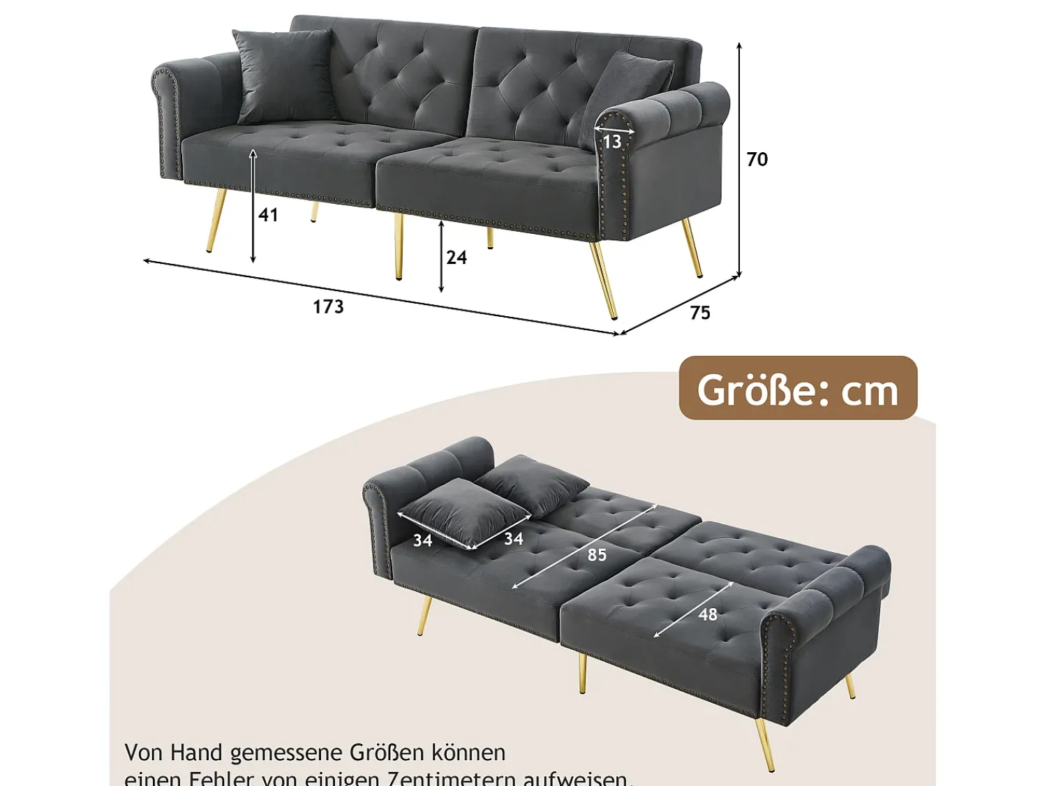 Sale Merax Sofá-cama moderno de 2 lugares – 173 x 75 x 70 cm – encosto ajustável em 3 níveis + pernas de metal dourado – veludo – cinza Cinzento