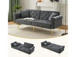 Sale Merax Sofá-cama moderno de 2 lugares – 173 x 75 x 70 cm – encosto ajustável em 3 níveis + pernas de metal dourado – veludo – cinza Cinzento
