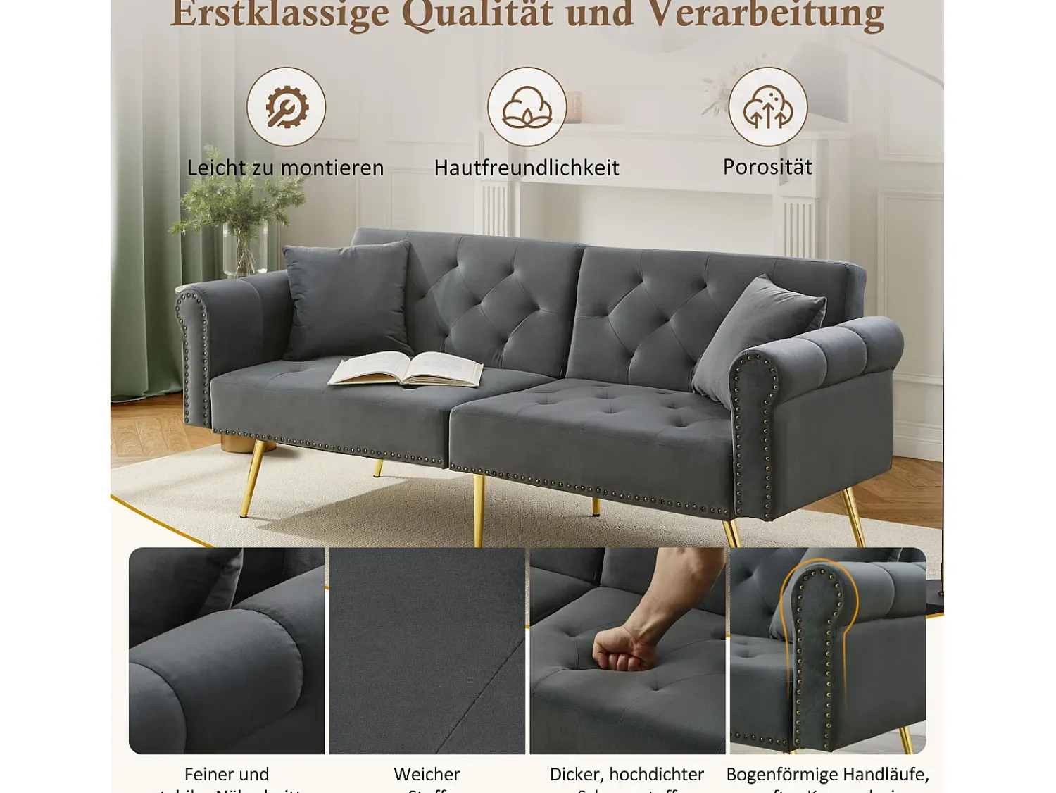 Sale Merax Sofá-cama moderno de 2 lugares – 173 x 75 x 70 cm – encosto ajustável em 3 níveis + pernas de metal dourado – veludo – cinza Cinzento