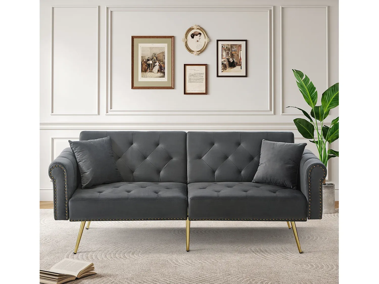 Sale Merax Sofá-cama moderno de 2 lugares – 173 x 75 x 70 cm – encosto ajustável em 3 níveis + pernas de metal dourado – veludo – cinza Cinzento