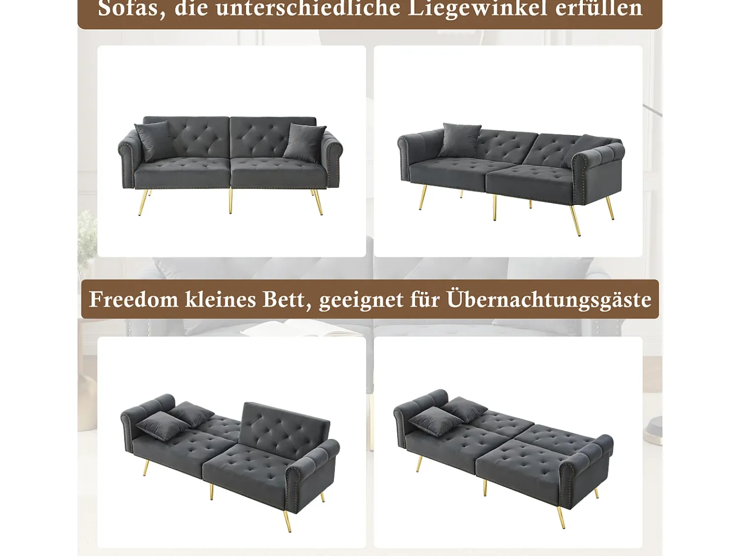 Sale Merax Sofá-cama moderno de 2 lugares – 173 x 75 x 70 cm – encosto ajustável em 3 níveis + pernas de metal dourado – veludo – cinza Cinzento