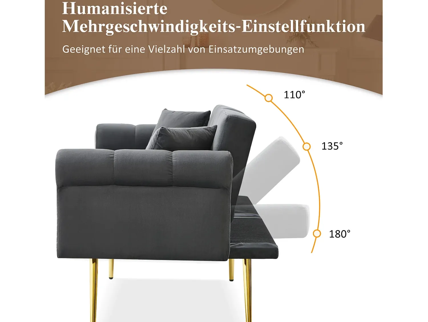 Sale Merax Sofá-cama moderno de 2 lugares – 173 x 75 x 70 cm – encosto ajustável em 3 níveis + pernas de metal dourado – veludo – cinza Cinzento