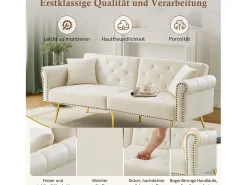 Merax Sofá-cama moderno de 2 lugares – 173 x 75 x 70 cm – encosto ajustável em 3 níveis + pernas de metal dourado – veludo –^ Sofá