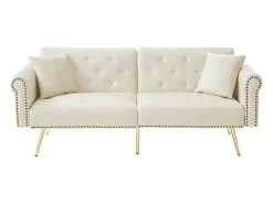 Merax Sofá-cama moderno de 2 lugares – 173 x 75 x 70 cm – encosto ajustável em 3 níveis + pernas de metal dourado – veludo –^ Sofá