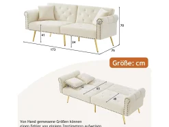 Merax Sofá-cama moderno de 2 lugares – 173 x 75 x 70 cm – encosto ajustável em 3 níveis + pernas de metal dourado – veludo –^ Sofá