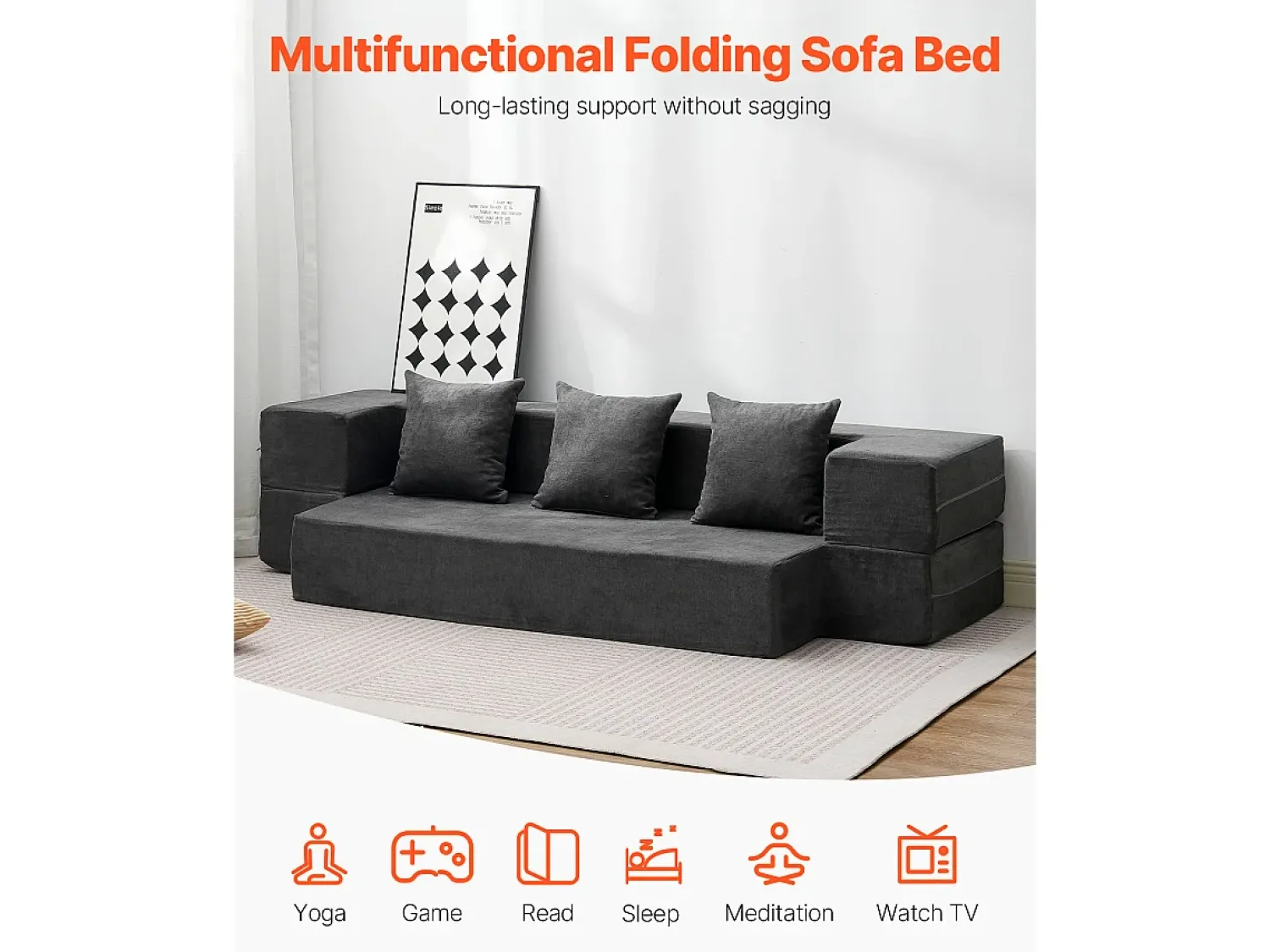 Discount Sofá-cama Moderno, SucceBuy 3 em 1 Sofá-cama Dobrável com 3 Almofadas para Cama de Solteiro Cinza Escuro Cinzento