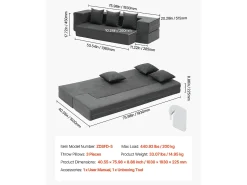 Discount Sofá-cama Moderno, SucceBuy 3 em 1 Sofá-cama Dobrável com 3 Almofadas para Cama de Solteiro Cinza Escuro Cinzento