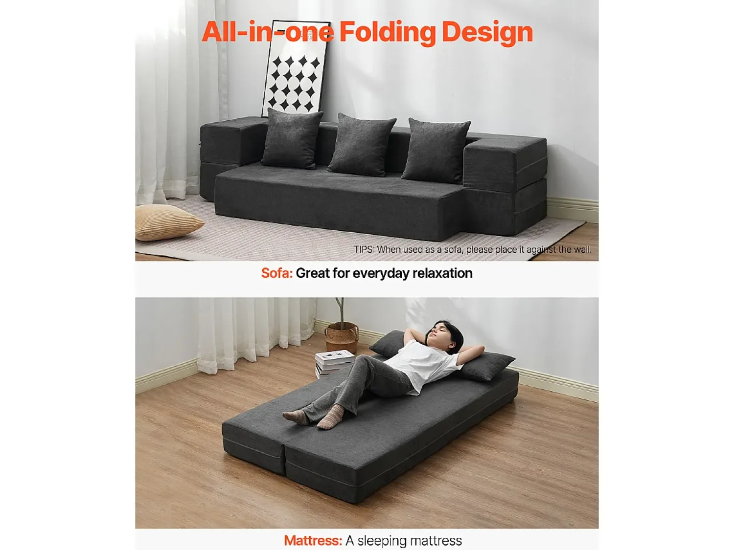 Discount Sofá-cama Moderno, SucceBuy 3 em 1 Sofá-cama Dobrável com 3 Almofadas para Cama de Solteiro Cinza Escuro Cinzento