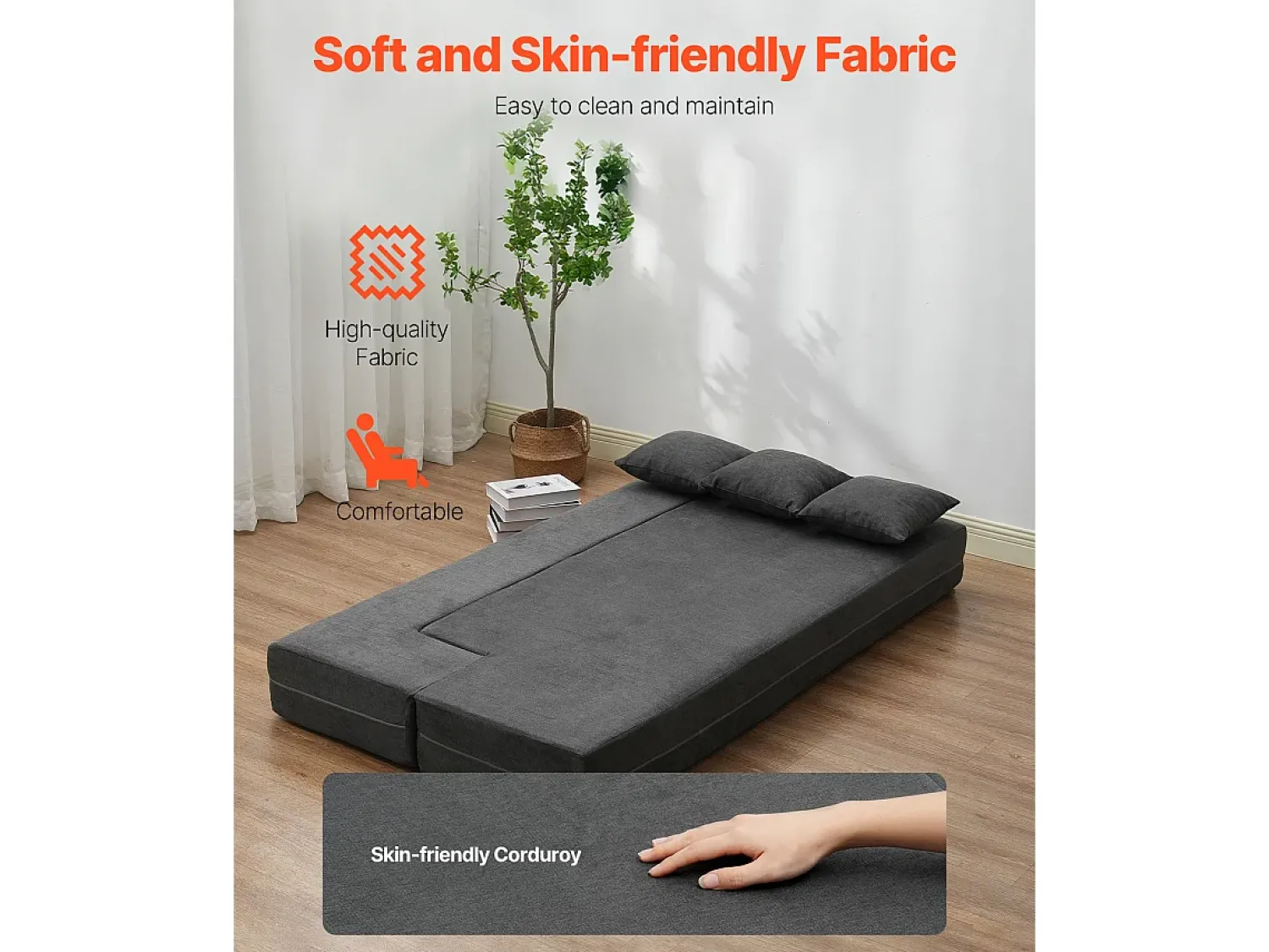 Discount Sofá-cama Moderno, SucceBuy 3 em 1 Sofá-cama Dobrável com 3 Almofadas para Cama de Solteiro Cinza Escuro Cinzento