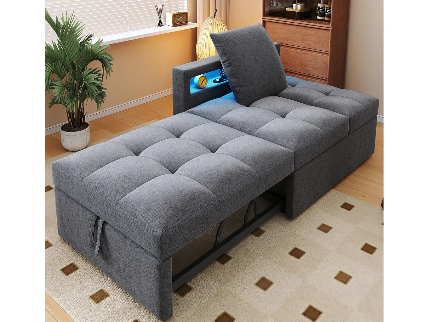 New ModernLuxe Sofá-cama multifuncional - encosto ajustável - braços com faixas luminosas LED - Porta USB/Type-C - Cinza Claro Cinzento claro