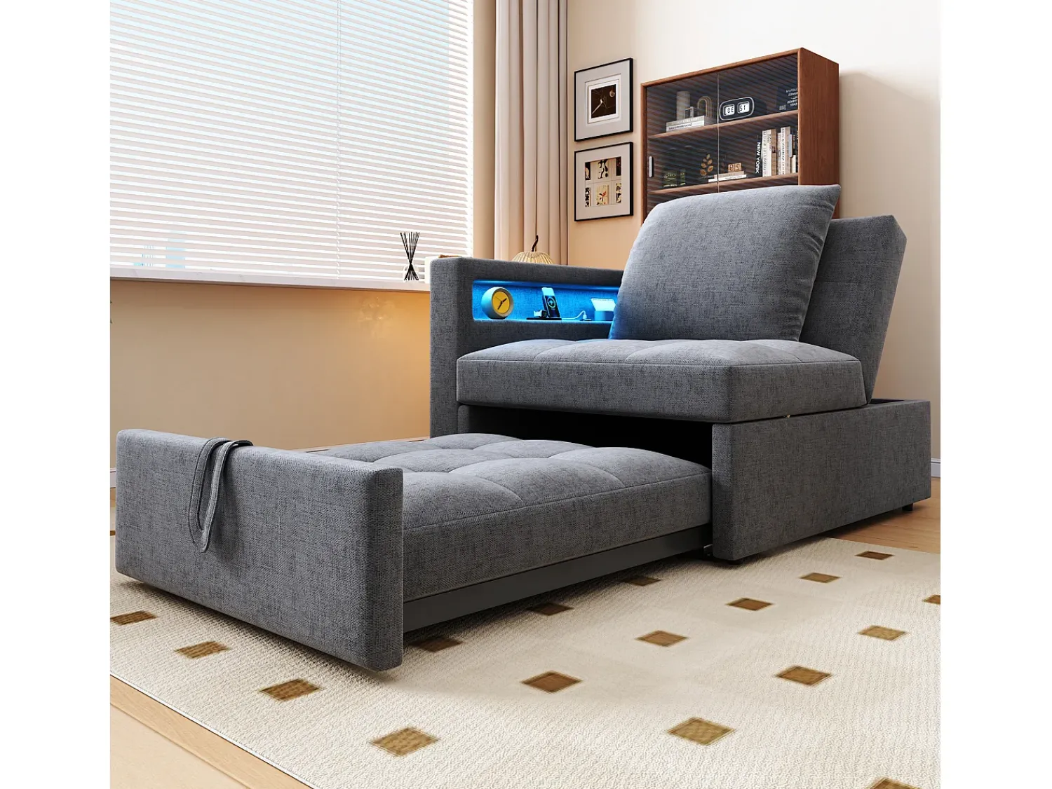 New ModernLuxe Sofá-cama multifuncional - encosto ajustável - braços com faixas luminosas LED - Porta USB/Type-C - Cinza Claro Cinzento claro