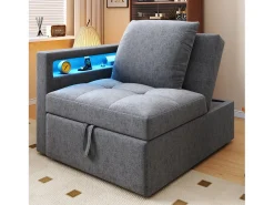 New ModernLuxe Sofá-cama multifuncional - encosto ajustável - braços com faixas luminosas LED - Porta USB/Type-C - Cinza Claro Cinzento claro