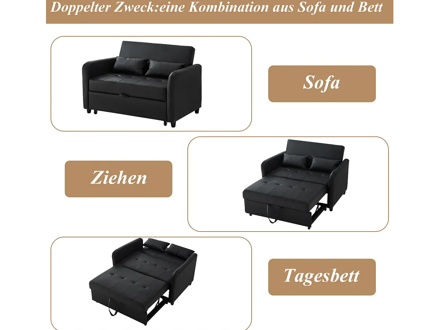 Sofá-cama multifuncional, assento duplo retrátil, encosto ajustável em 3 posições, PU impermeável,^ Sofá