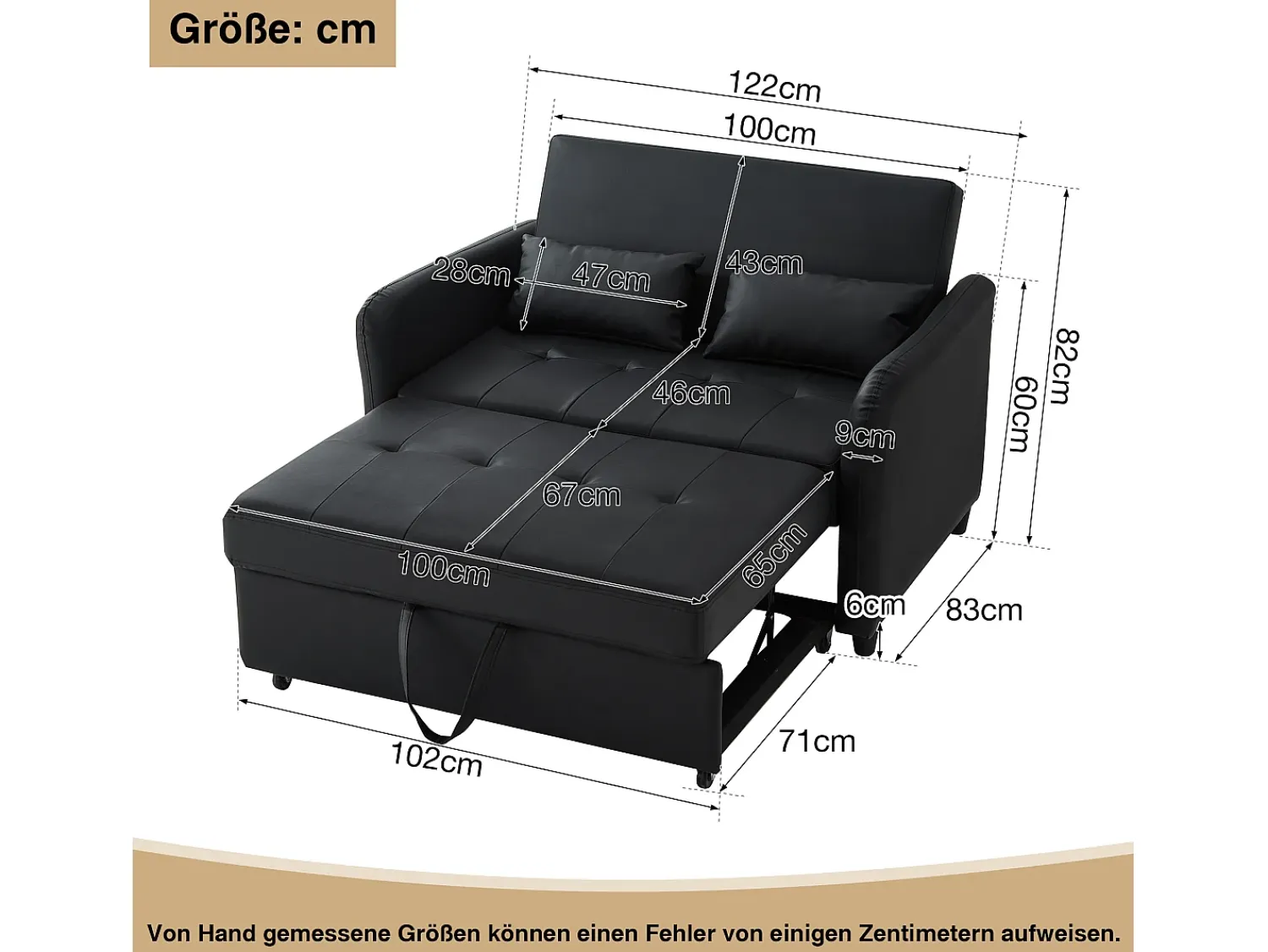 Sofá-cama multifuncional, assento duplo retrátil, encosto ajustável em 3 posições, PU impermeável,^ Sofá