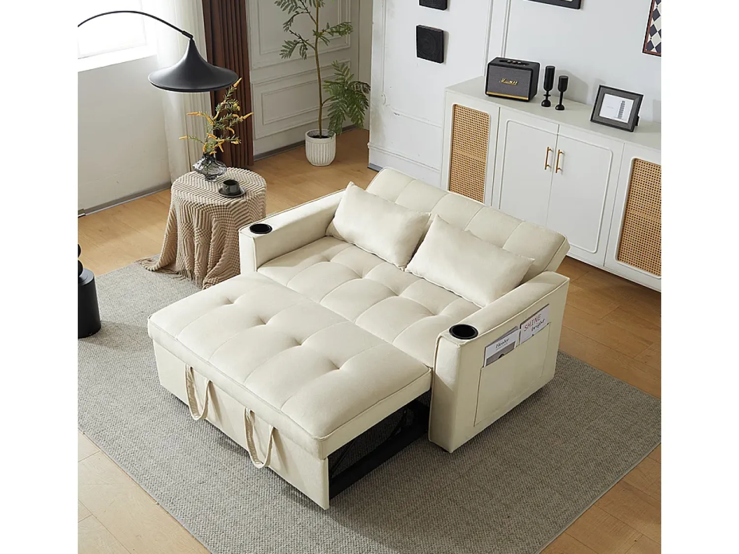 Discount KOMHTOM Sofá-cama multifuncional com função de dormir, sofá-cama com suporte para copos e almofadas, Bege