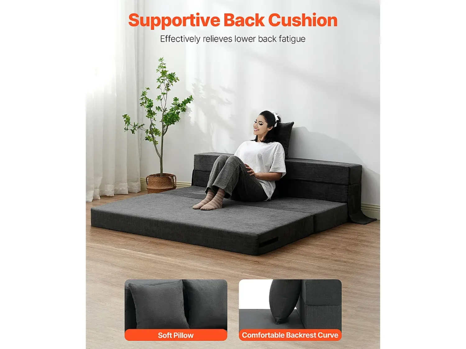 Sofá| Sofá-Cama Plegável SucceBuy, 3 em 1 com 2 Travesseiros, Cinza Escuro, Queen Cinza antracite