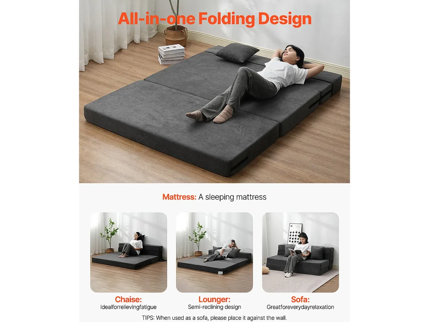 Sofá| Sofá-Cama Plegável SucceBuy, 3 em 1 com 2 Travesseiros, Cinza Escuro, Queen Cinza antracite