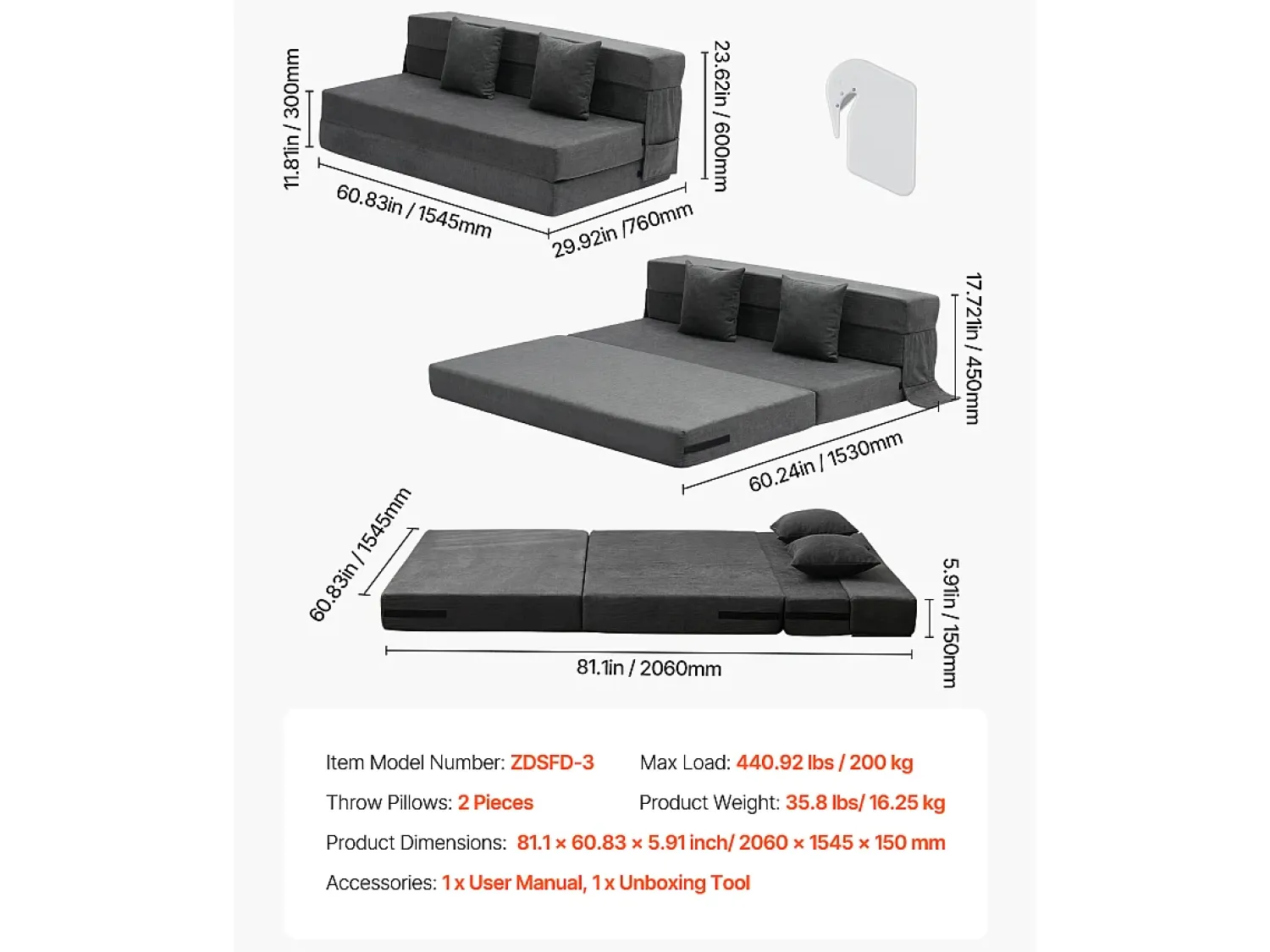 Sofá| Sofá-Cama Plegável SucceBuy, 3 em 1 com 2 Travesseiros, Cinza Escuro, Queen Cinza antracite