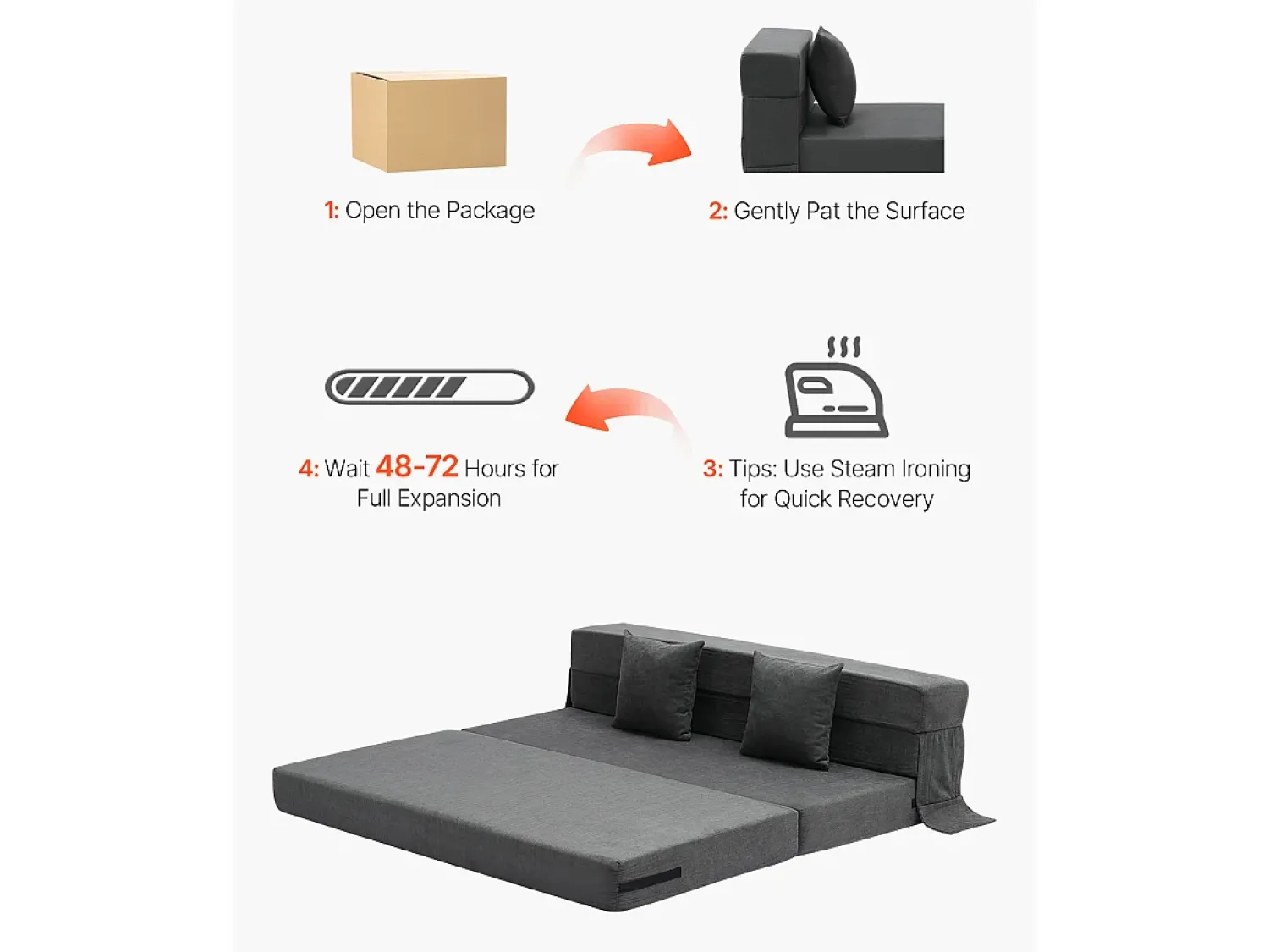 Sofá| Sofá-Cama Plegável SucceBuy, 3 em 1 com 2 Travesseiros, Cinza Escuro, Queen Cinza antracite