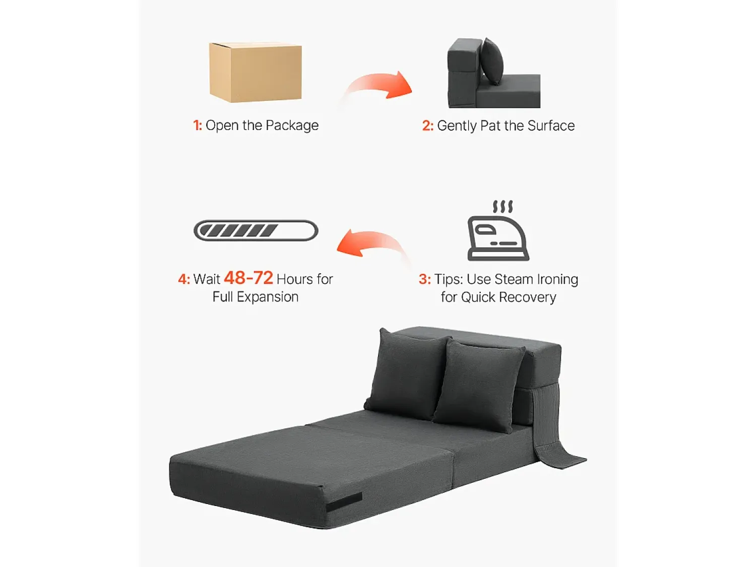 Discount Sofá-Cama Plegável SucceBuy, 3 em 1 Plegável com 2 Travesseiros, Cinza Escuro, Simples Cinza antracite