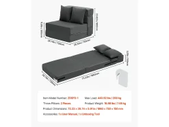 Discount Sofá-Cama Plegável SucceBuy, 3 em 1 Plegável com 2 Travesseiros, Cinza Escuro, Simples Cinza antracite