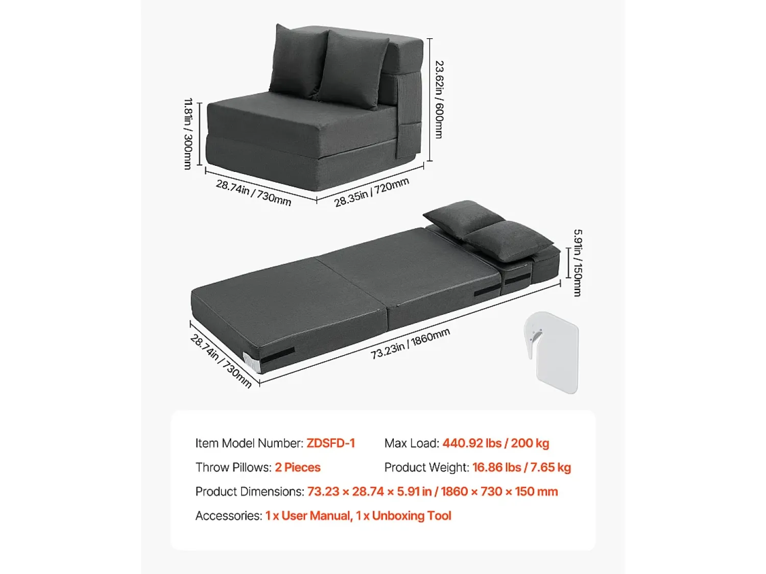 Discount Sofá-Cama Plegável SucceBuy, 3 em 1 Plegável com 2 Travesseiros, Cinza Escuro, Simples Cinza antracite