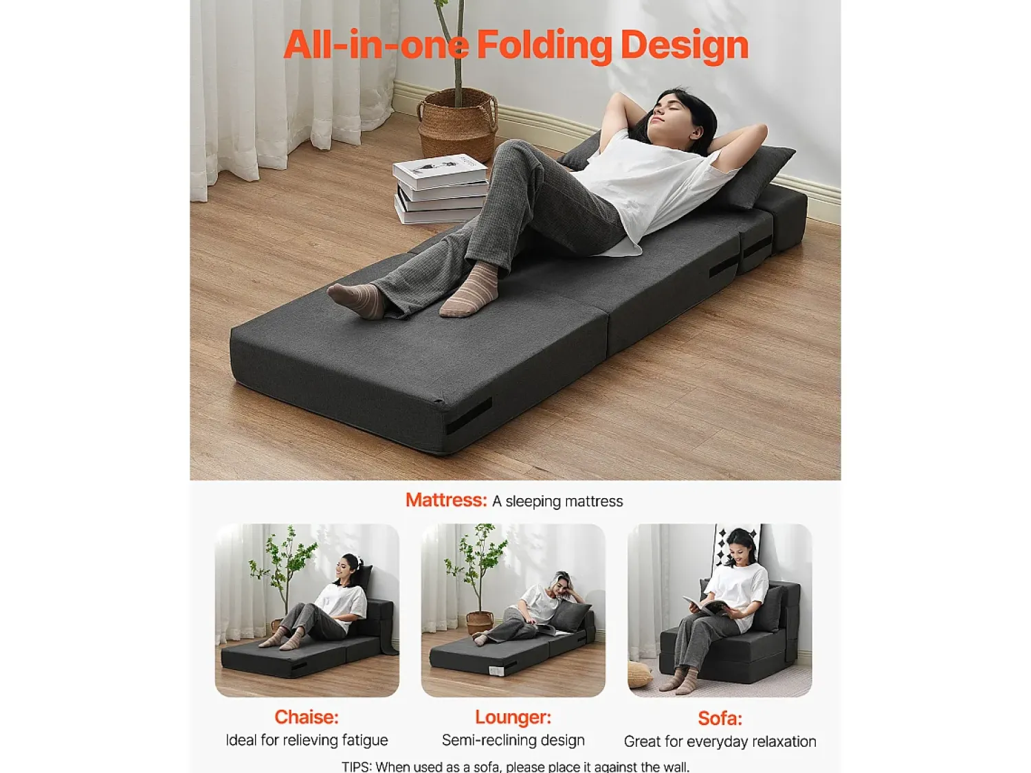 Discount Sofá-Cama Plegável SucceBuy, 3 em 1 Plegável com 2 Travesseiros, Cinza Escuro, Simples Cinza antracite