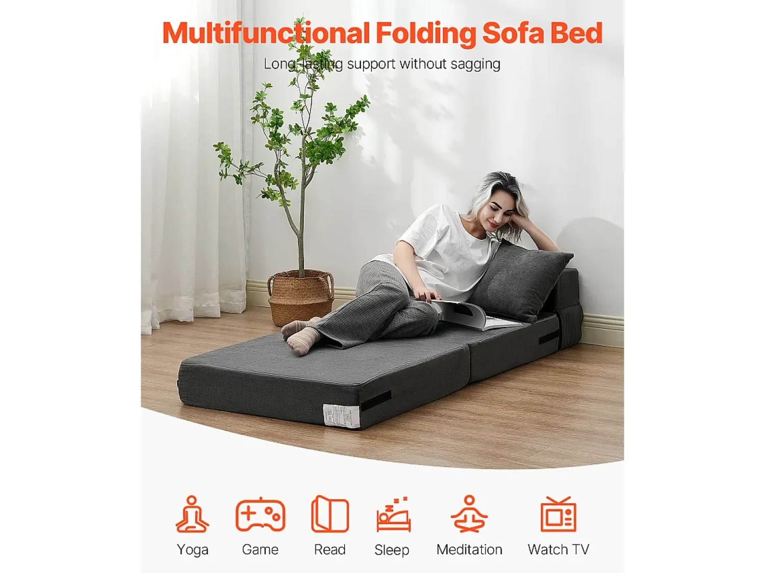 Discount Sofá-Cama Plegável SucceBuy, 3 em 1 Plegável com 2 Travesseiros, Cinza Escuro, Simples Cinza antracite