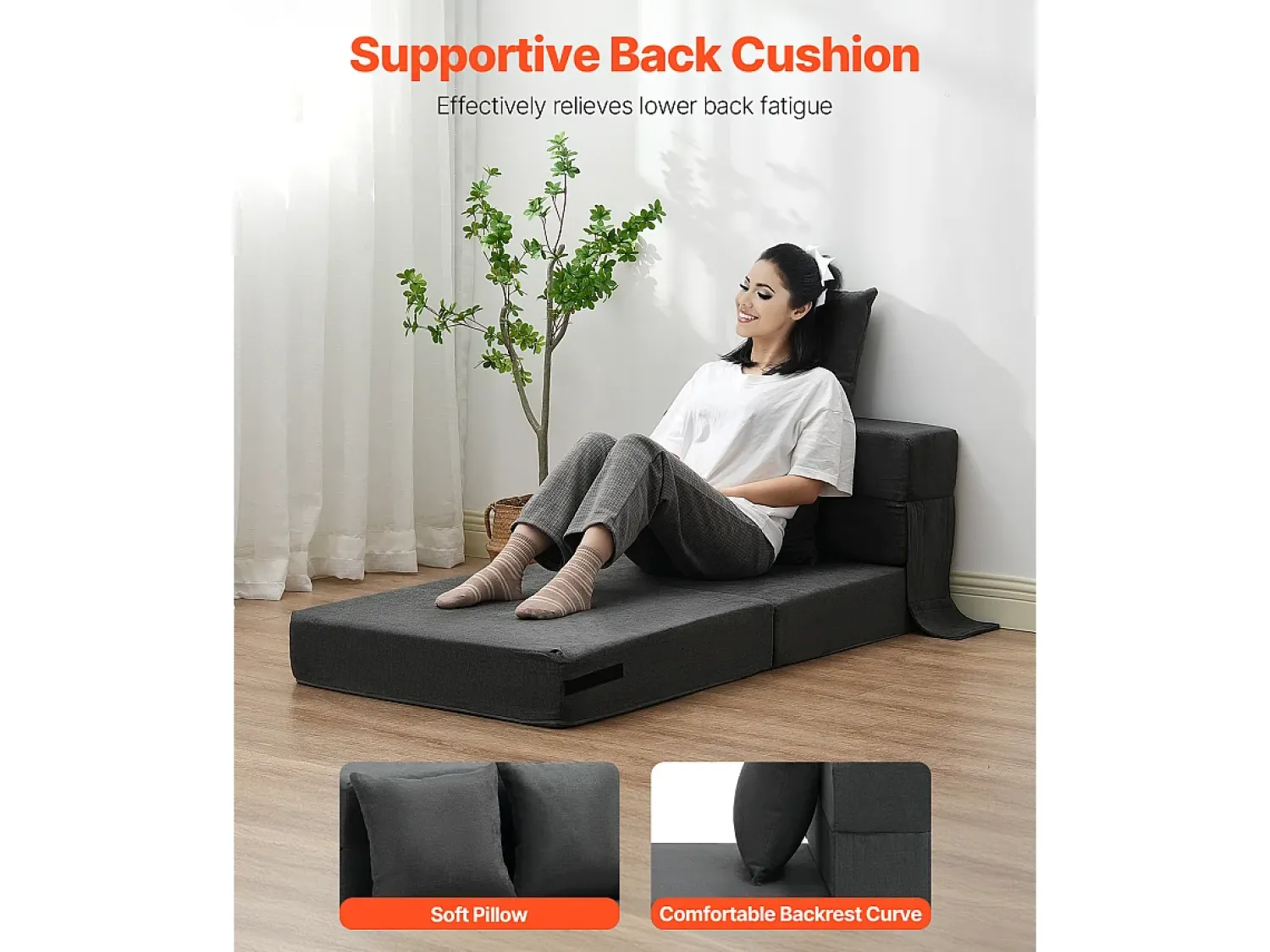 Discount Sofá-Cama Plegável SucceBuy, 3 em 1 Plegável com 2 Travesseiros, Cinza Escuro, Simples Cinza antracite