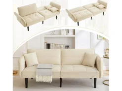 Clearance Hauss Spole Sofá-cama reto de 2 lugares em veludo com pés de madeira preta, encosto dobrável - 176x78x76cm Bege
