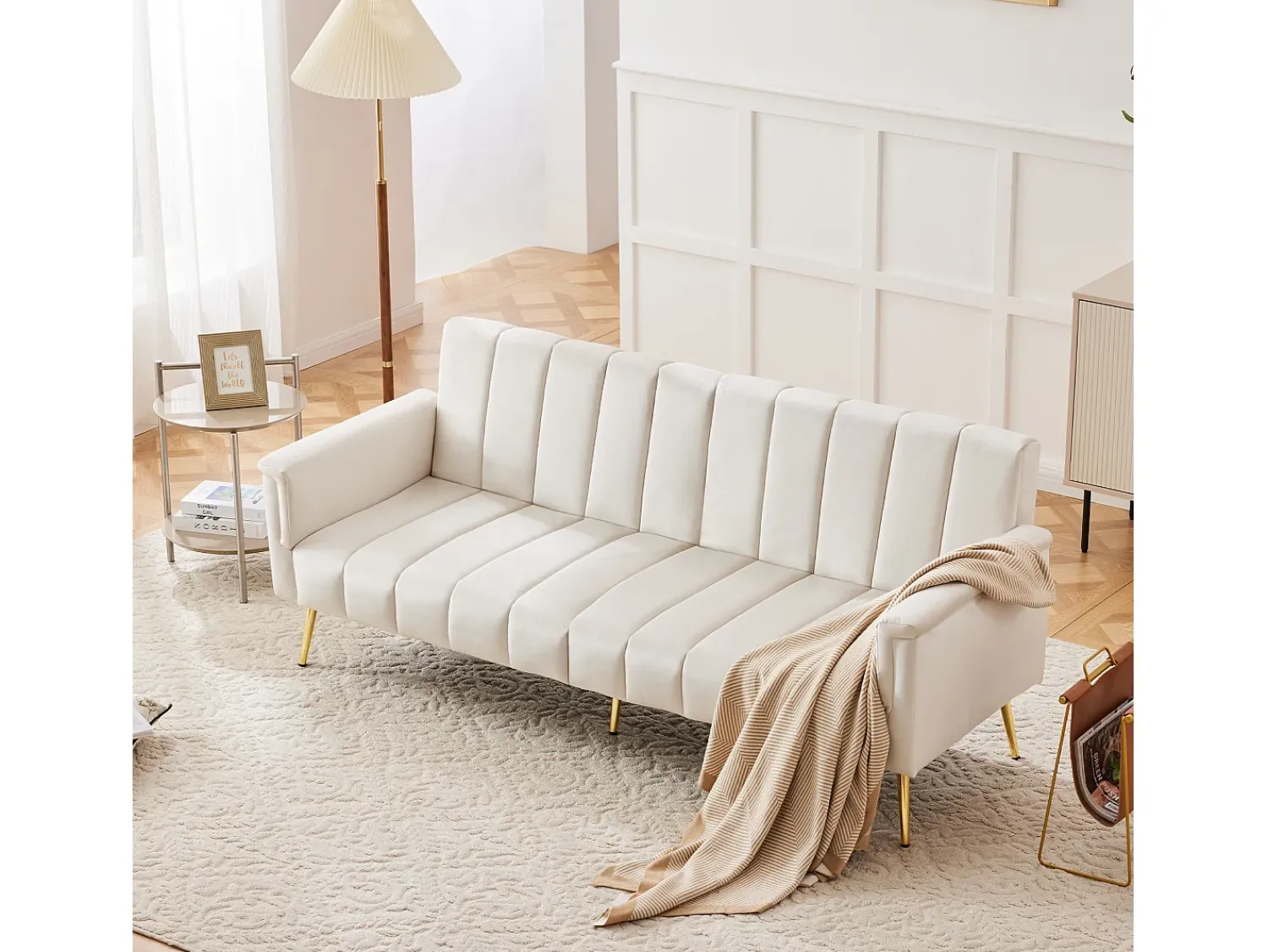 Hot Hauss Spole Sofá-cama reto de 2 lugares em veludo , encosto e braços dobráveis - 183x76x75cm Bege