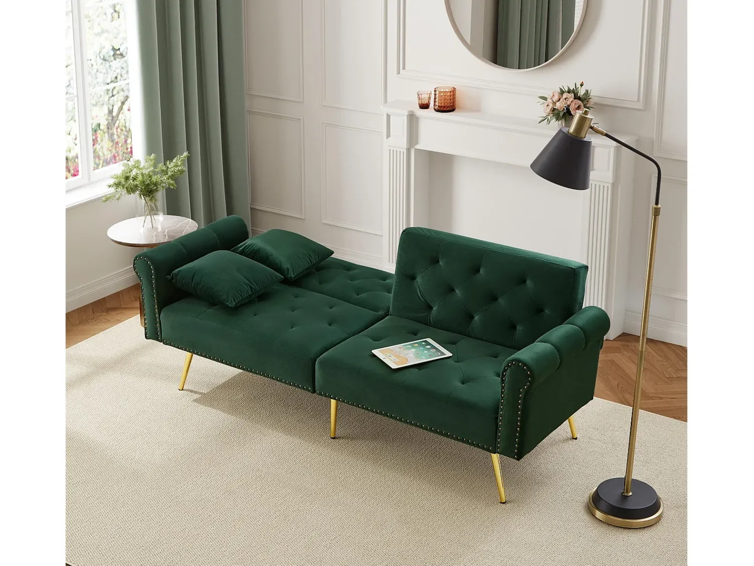 Hauss Spole Sofá-cama reto de 2 lugares em veludo , encosto rebatível em 3 posições - 173x75x70cm^ Sofá
