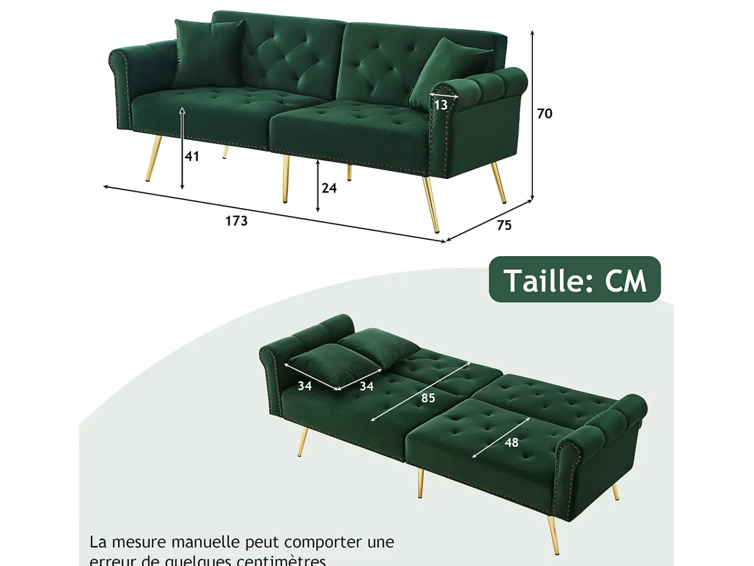 Hauss Spole Sofá-cama reto de 2 lugares em veludo , encosto rebatível em 3 posições - 173x75x70cm^ Sofá