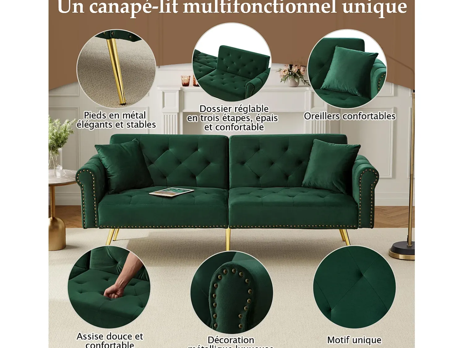 Hauss Spole Sofá-cama reto de 2 lugares em veludo , encosto rebatível em 3 posições - 173x75x70cm^ Sofá