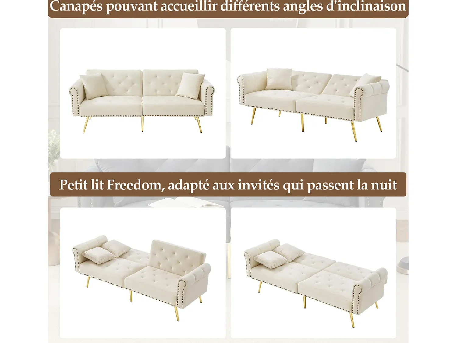 Outlet Hauss Spole Sofá-cama reto de 2 lugares em veludo , encosto rebatível em 3 posições - 173x75x70cm Bege