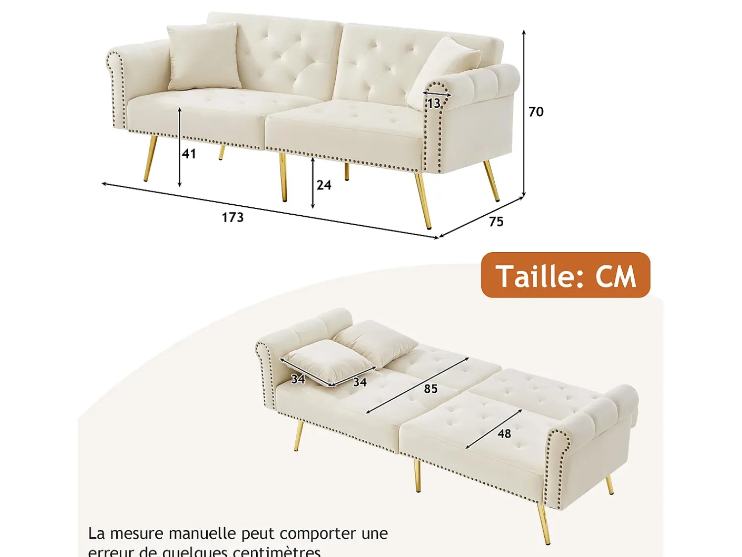 Outlet Hauss Spole Sofá-cama reto de 2 lugares em veludo , encosto rebatível em 3 posições - 173x75x70cm Bege