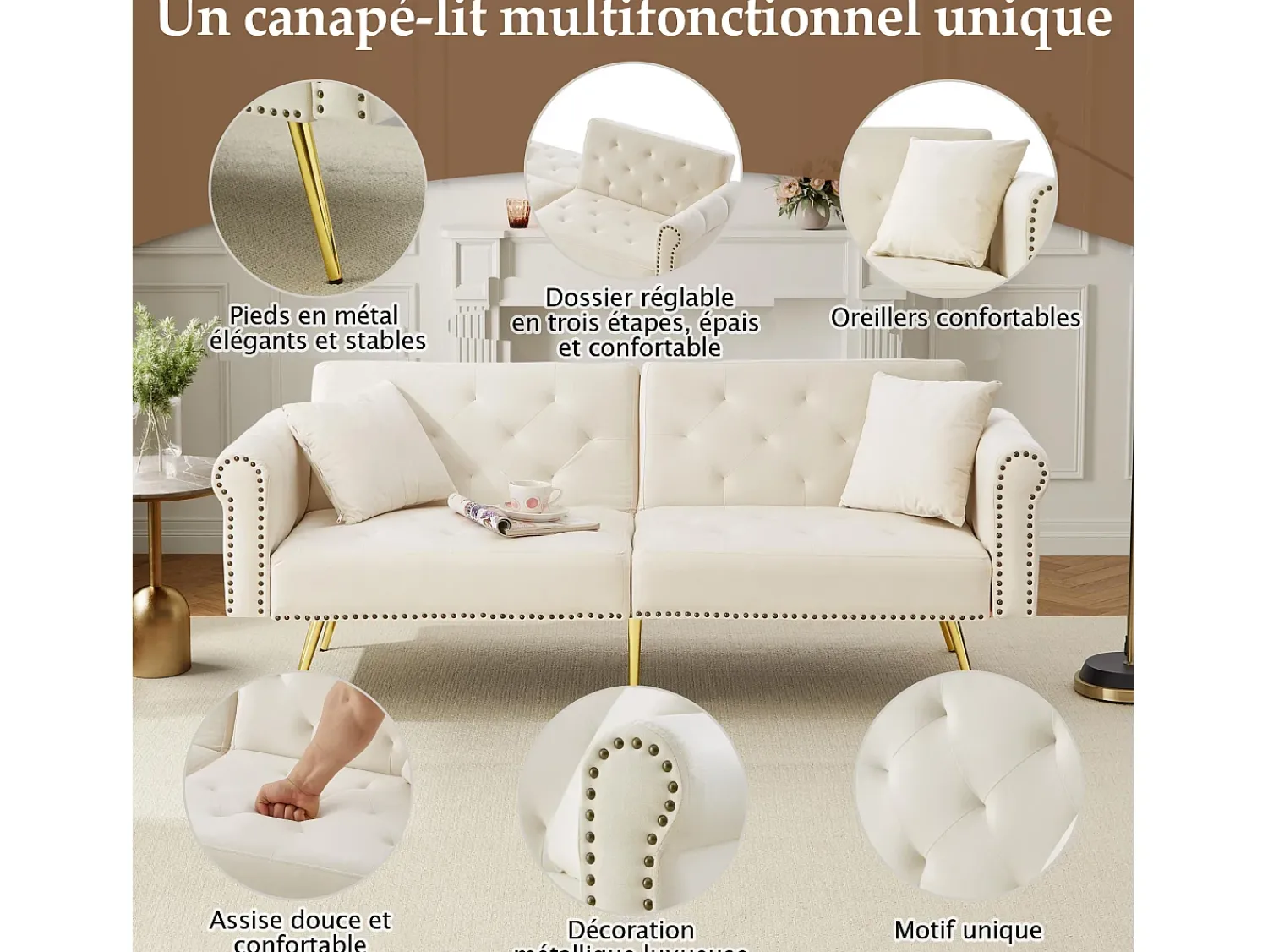 Outlet Hauss Spole Sofá-cama reto de 2 lugares em veludo , encosto rebatível em 3 posições - 173x75x70cm Bege