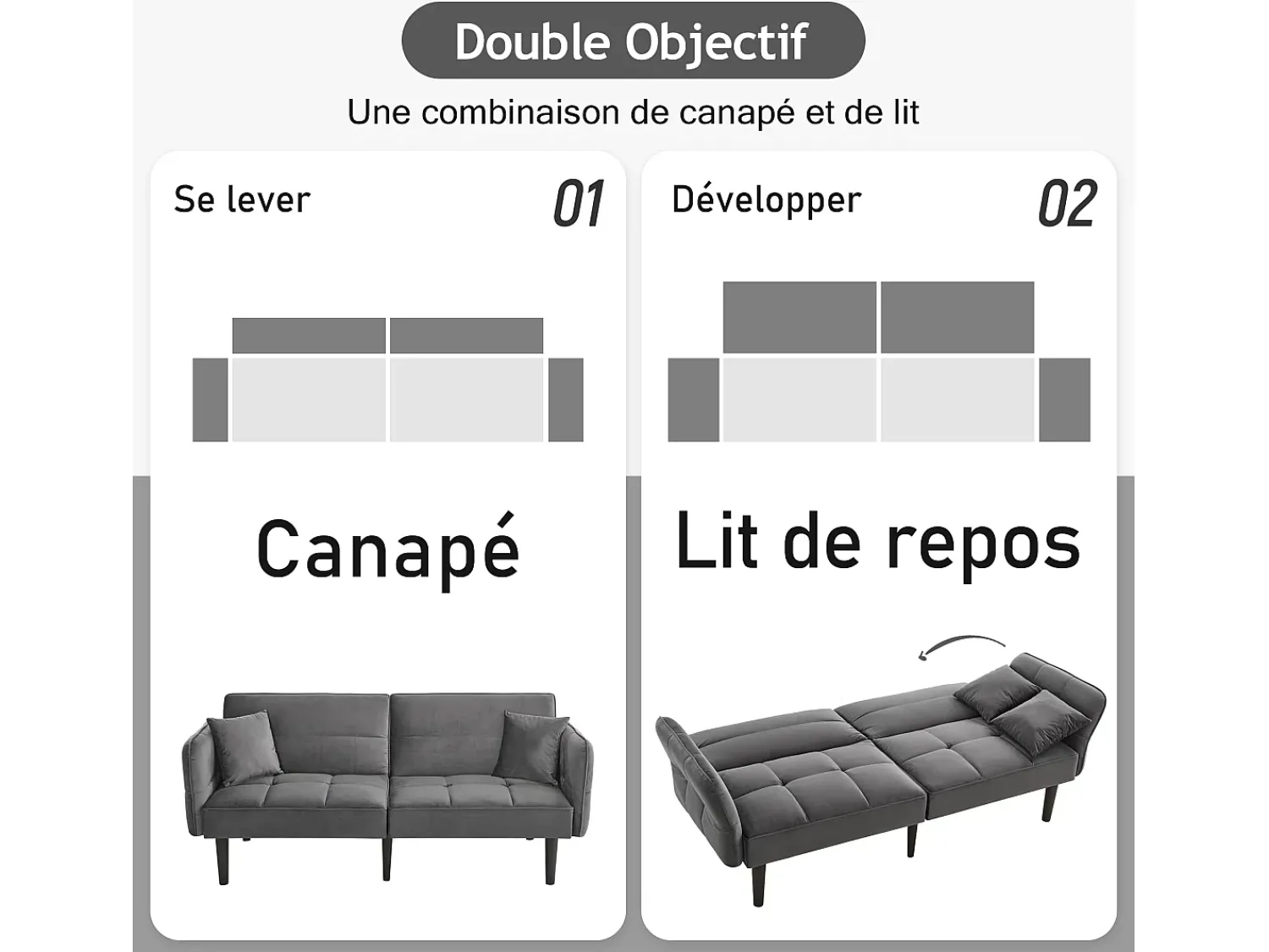 Hauss Spole Sofá-cama reto de 2 lugares em veludo cinza com pés de madeira preta, encosto dobrável - 176x78x76cm^ Sofá