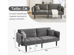 Hauss Spole Sofá-cama reto de 2 lugares em veludo cinza com pés de madeira preta, encosto dobrável - 176x78x76cm^ Sofá