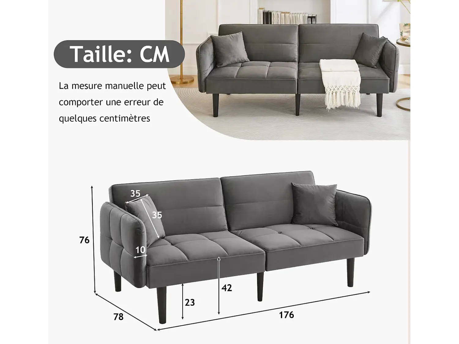 Hauss Spole Sofá-cama reto de 2 lugares em veludo cinza com pés de madeira preta, encosto dobrável - 176x78x76cm^ Sofá