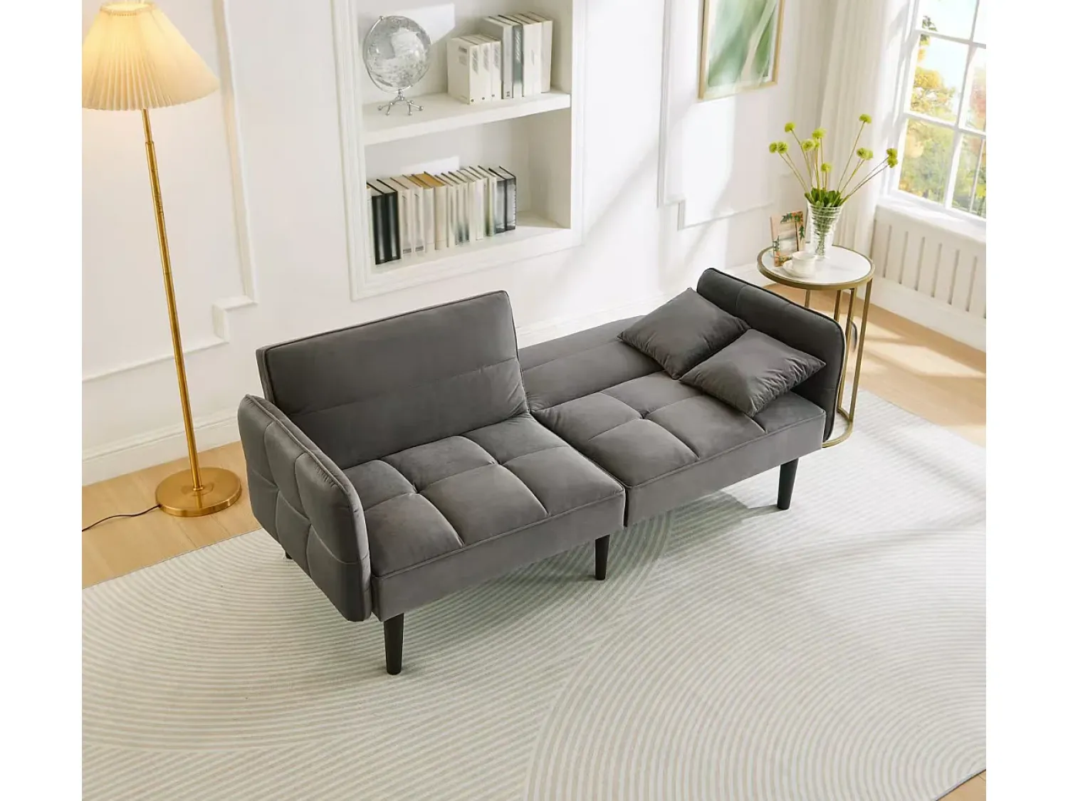 Hauss Spole Sofá-cama reto de 2 lugares em veludo cinza com pés de madeira preta, encosto dobrável - 176x78x76cm^ Sofá