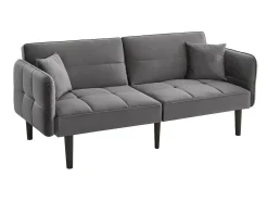 Hauss Spole Sofá-cama reto de 2 lugares em veludo cinza com pés de madeira preta, encosto dobrável - 176x78x76cm^ Sofá