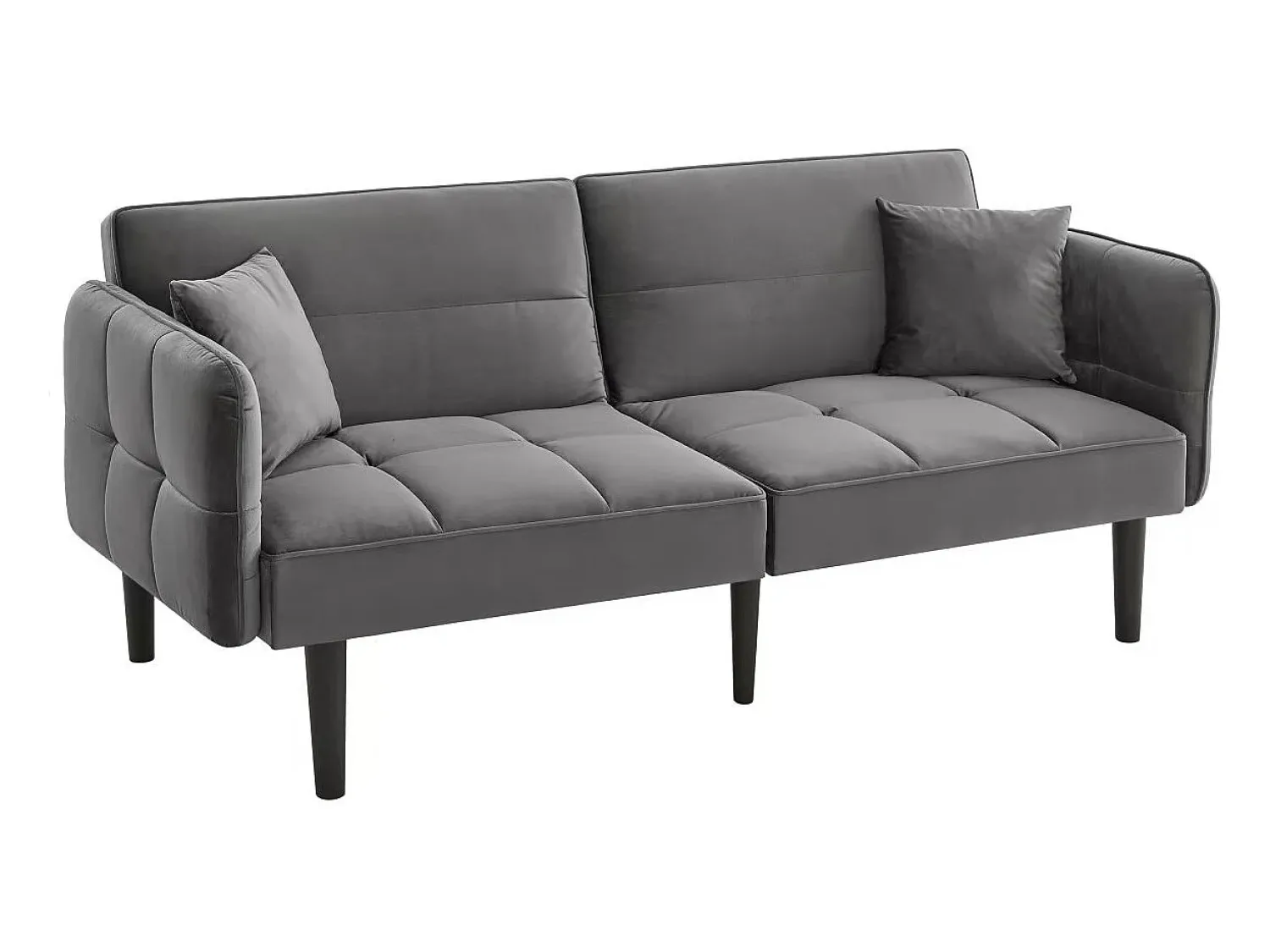 Hauss Spole Sofá-cama reto de 2 lugares em veludo cinza com pés de madeira preta, encosto dobrável - 176x78x76cm^ Sofá