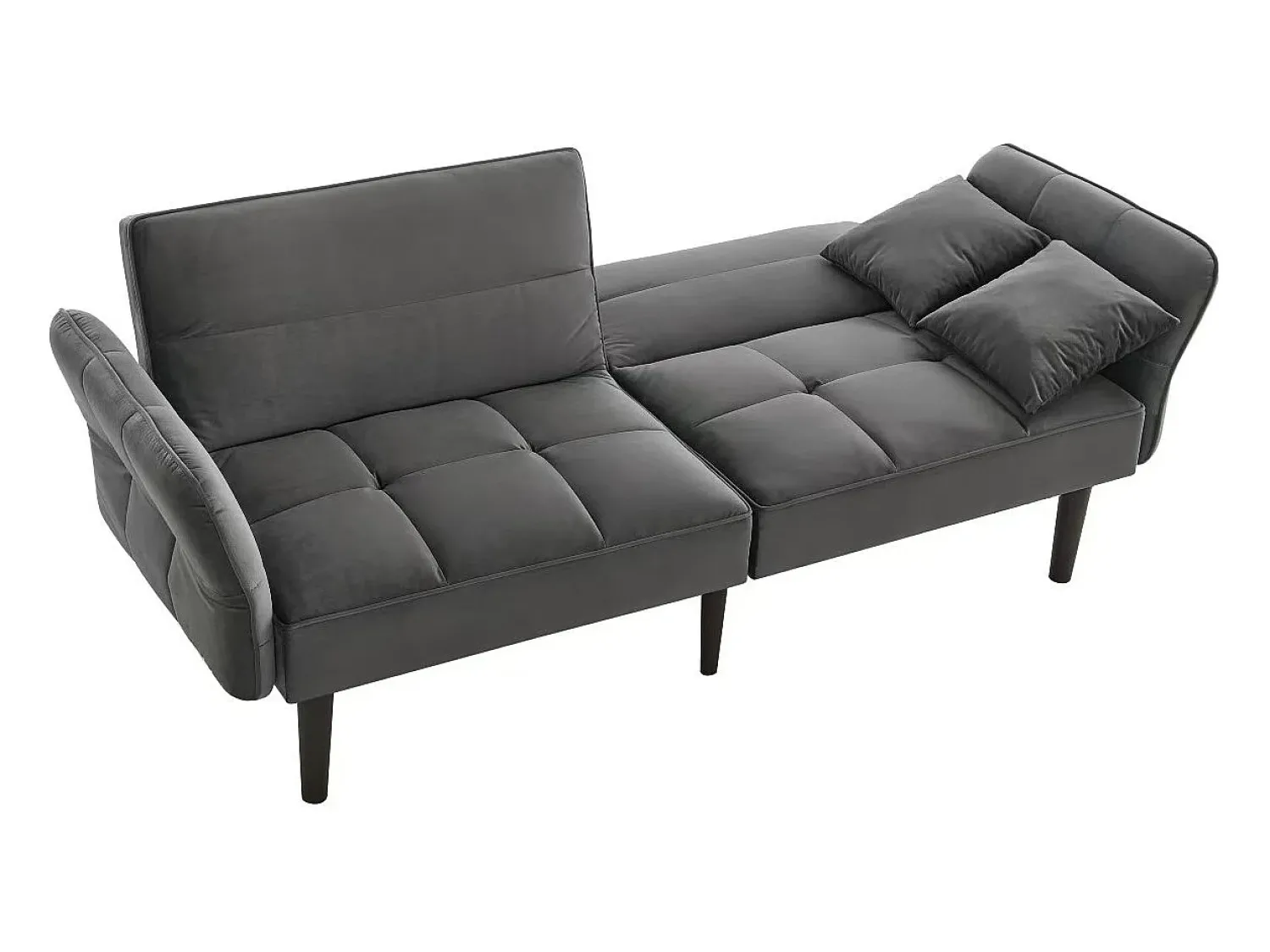 Hauss Spole Sofá-cama reto de 2 lugares em veludo cinza com pés de madeira preta, encosto dobrável - 176x78x76cm^ Sofá
