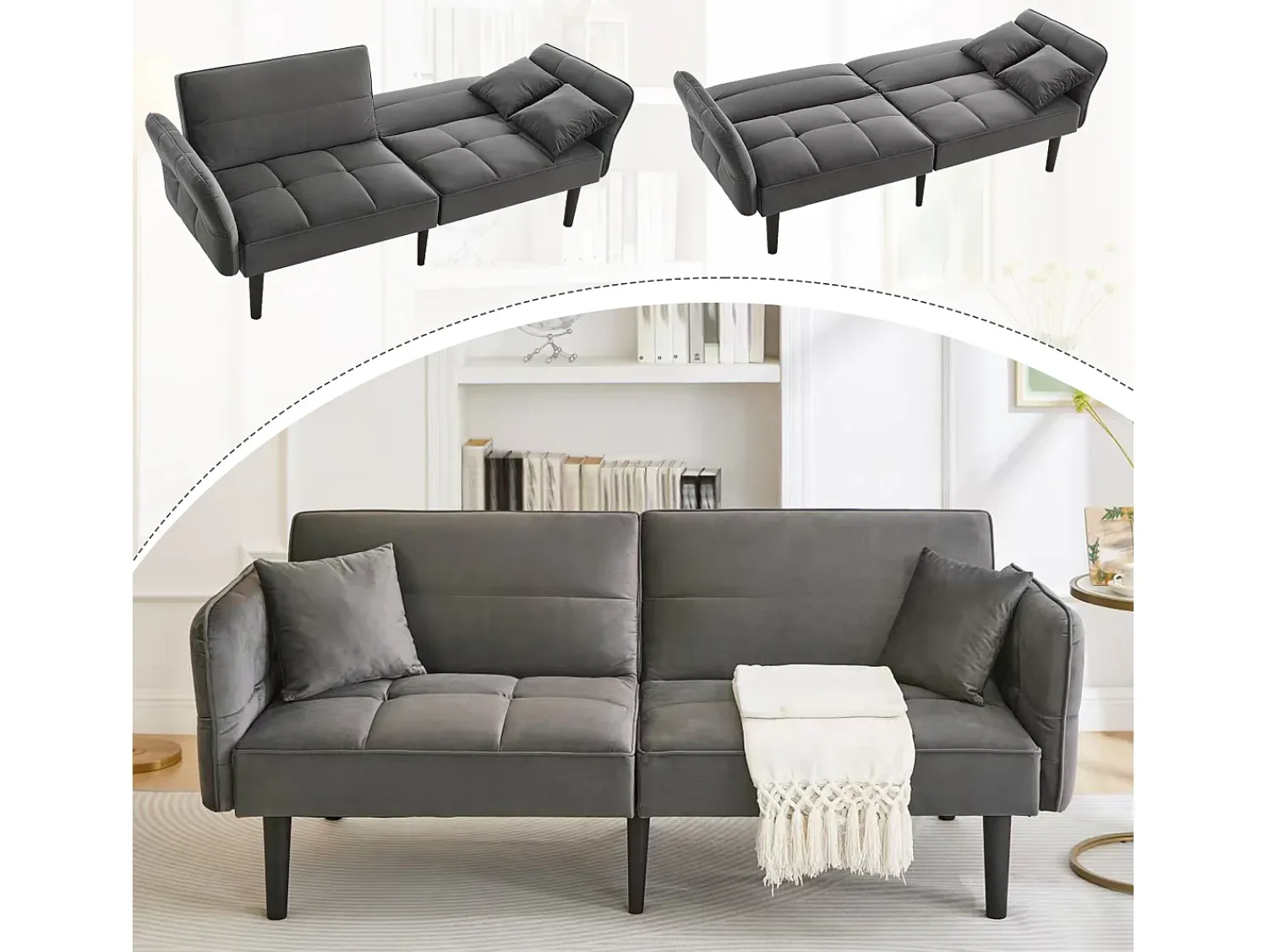 Hauss Spole Sofá-cama reto de 2 lugares em veludo cinza com pés de madeira preta, encosto dobrável - 176x78x76cm^ Sofá