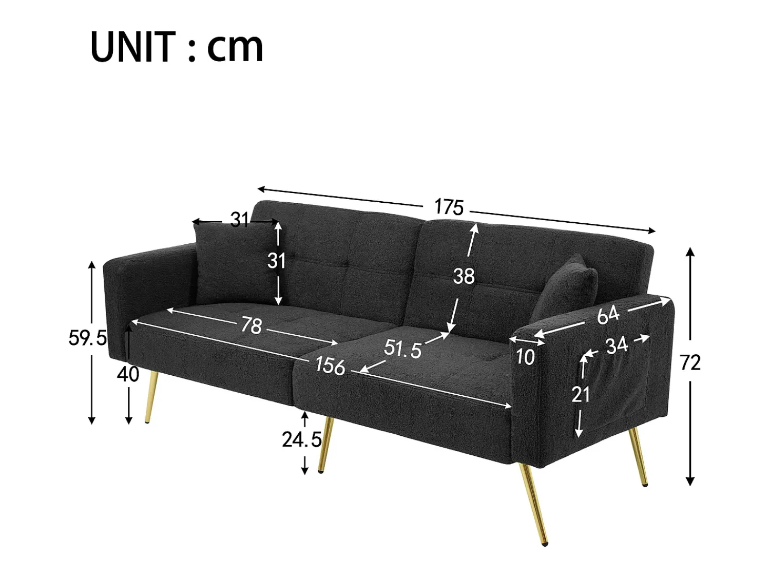 Sofá*Hauss Spole Sofá-cama reto de 2 lugares em sherpa cinza, encosto dobrável em 3 posições - 175x64x72cm Cinzento